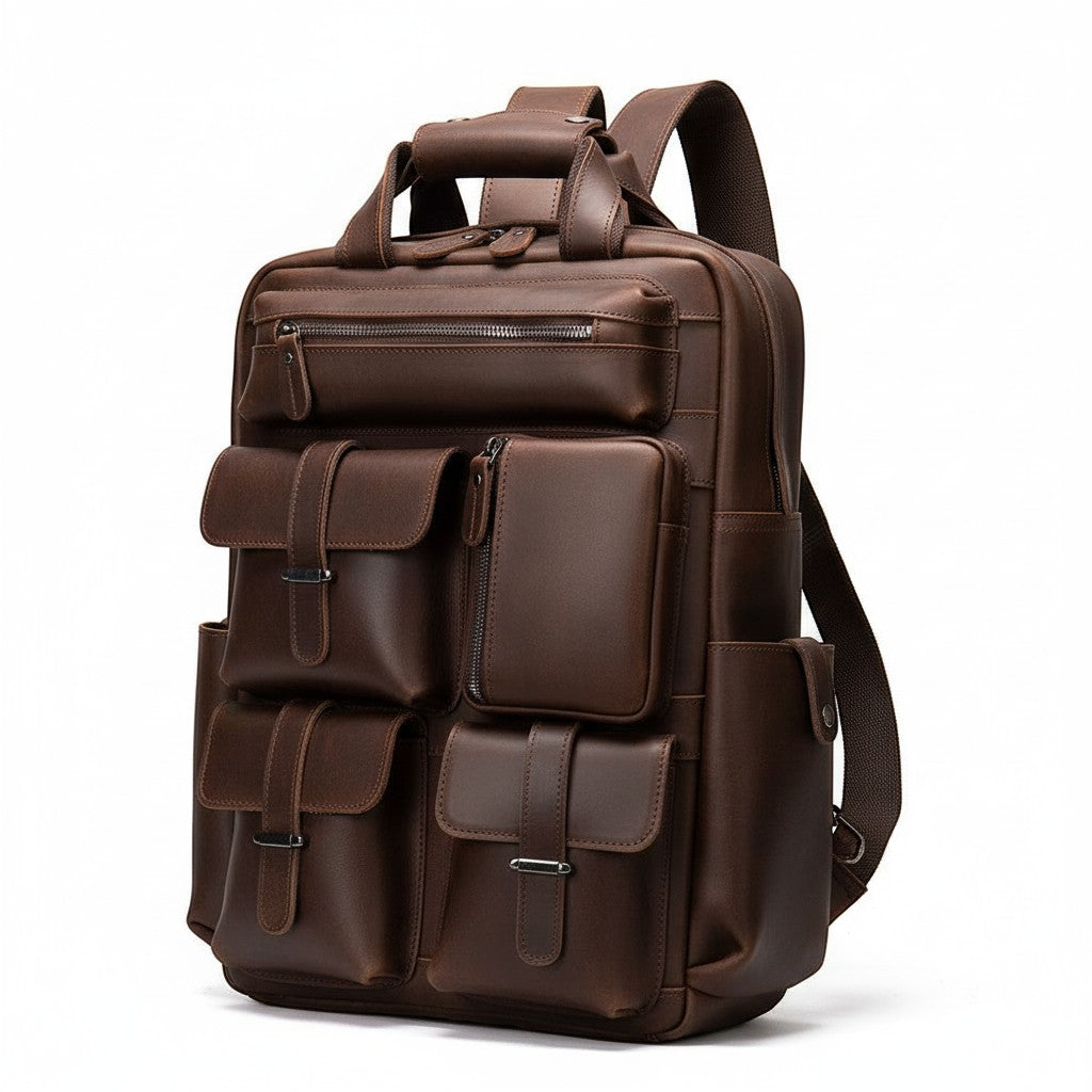Barcon Getta Inc brown distressed leather multi-pocket backpack with zippered and flap pockets.