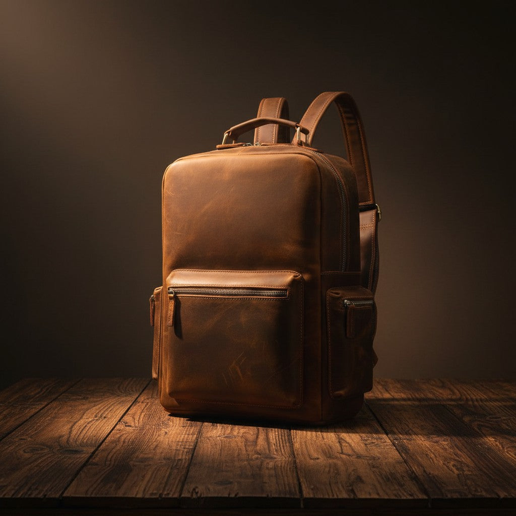 Barcon Getta Inc brown leather backpack with multiple zipper pockets and adjustable straps. Ideal for travel and laptops up to 16".