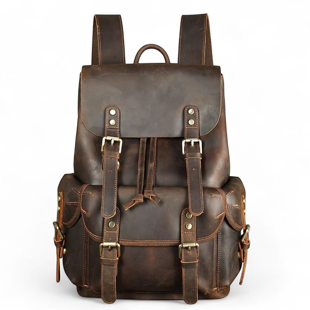 Barcon Getta Inc distressed brown leather backpack with drawstring closure, flap top, buckle straps, and exterior pockets.
