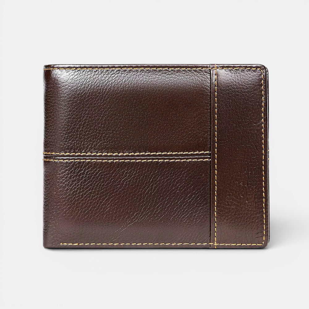 Barcon Getta Inc brown full grain leather bi-fold wallet with 8 card slots, coin slot, bill compartments, ID window, and anti-theft swipe.