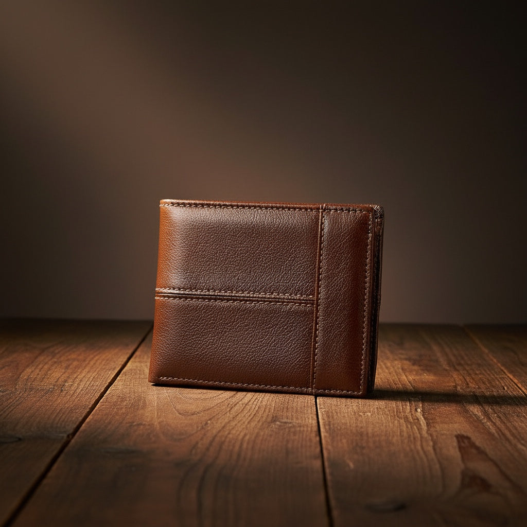 Barcon Getta Inc brown full grain leather bi-fold wallet with 8 card slots, coin slot, bill compartments, ID window, and anti-theft swipe.