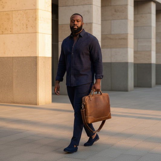 Barcon Getta Inc The Deal Maker brown leather briefcase with top handles and adjustable shoulder strap. Fits up to 17" laptop.