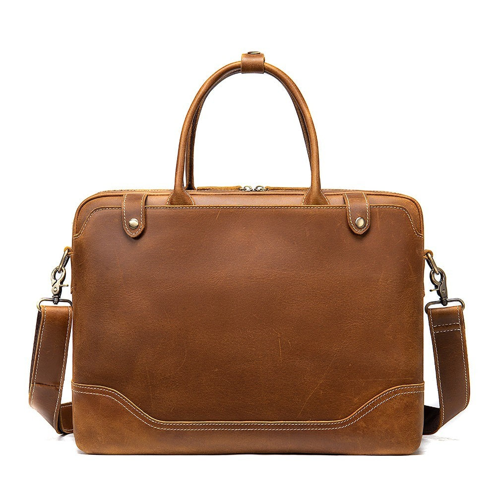 Barcon Getta Inc The Deal Maker brown Ethiopian leather briefcase with top handles and detachable strap, fits up to 17" laptop.