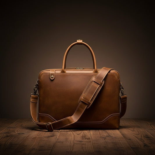 Barcon Getta Inc The Deal Maker brown leather briefcase with top handles and adjustable shoulder strap. Fits up to 17" laptop.