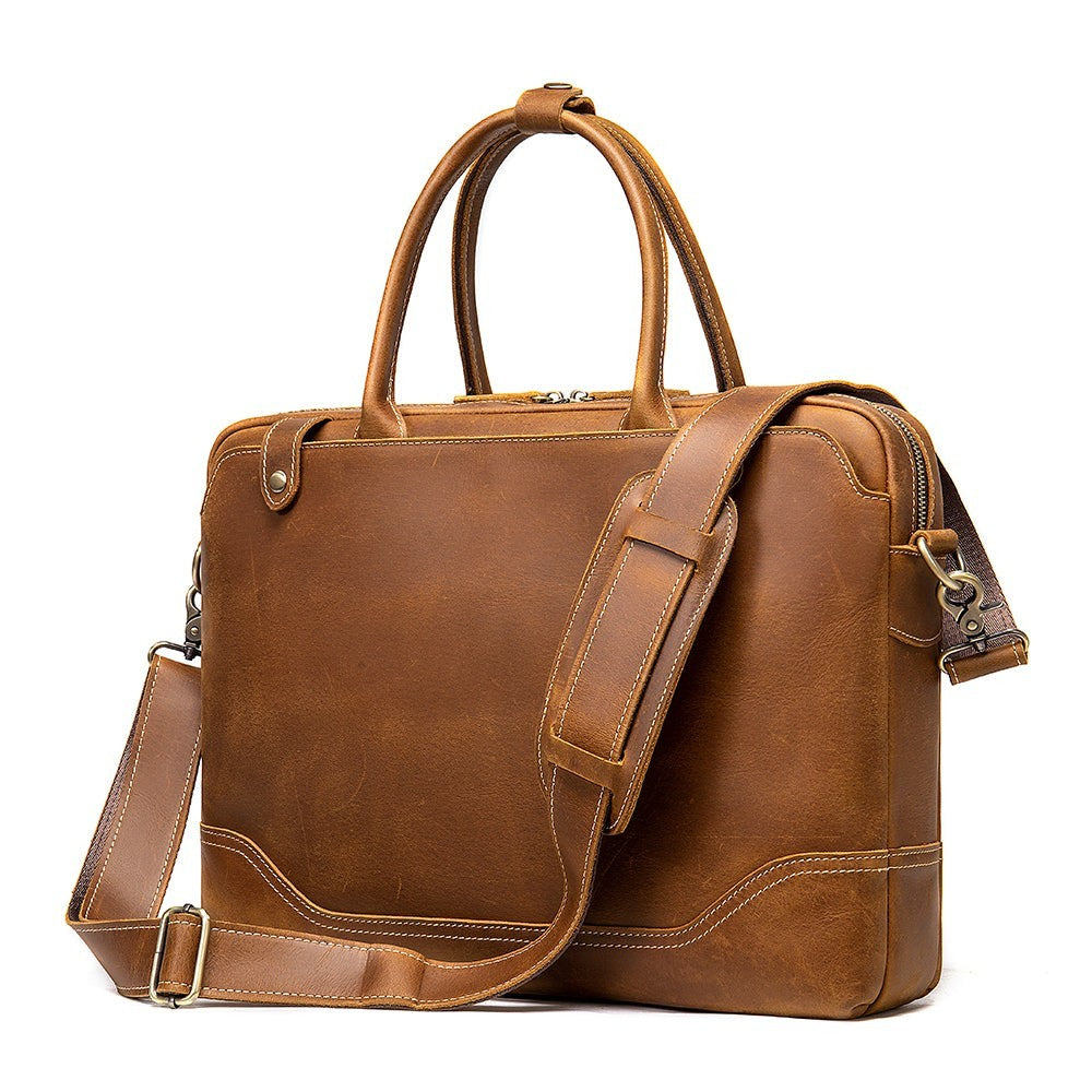 Barcon Getta Inc The Deal Maker brown leather briefcase with top handles and adjustable shoulder strap. Fits up to 17" laptop.