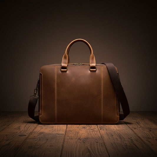 Barcon Getta Inc brown leather briefcase with top handles, adjustable strap, and multiple zipper pockets. Fits up to 17" laptop.