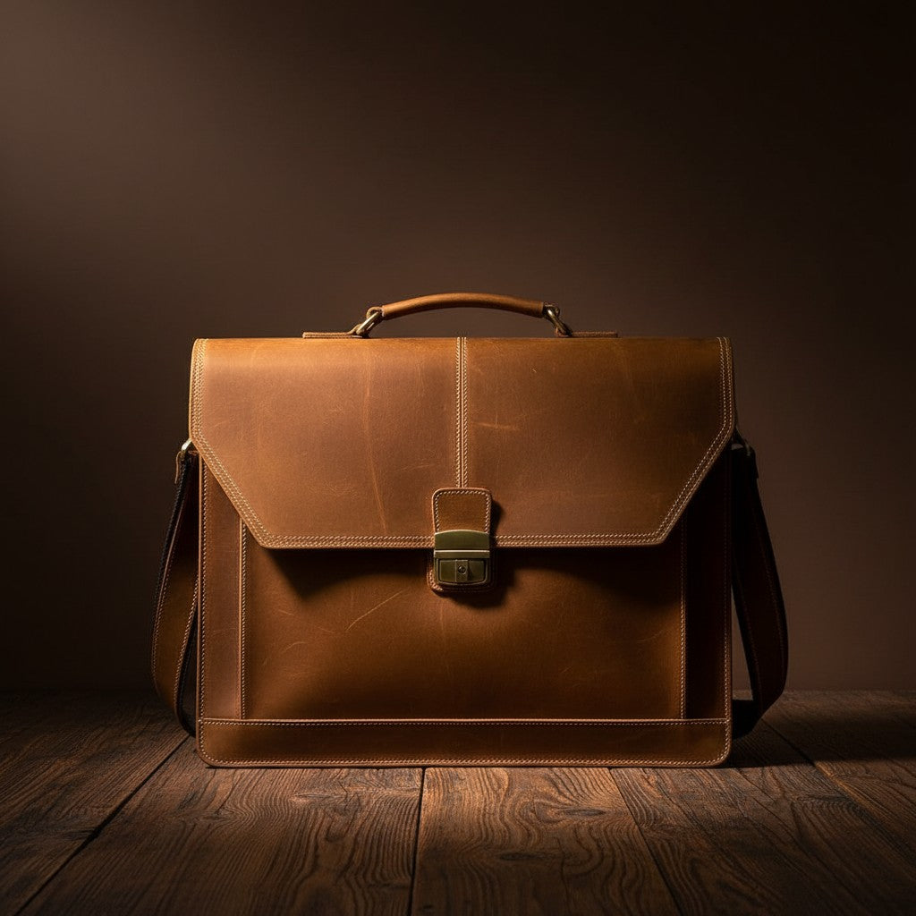 Barcon Getta Inc brown leather briefcase with brass clasp, top handle, and adjustable shoulder strap. Fits up to 16" laptop.