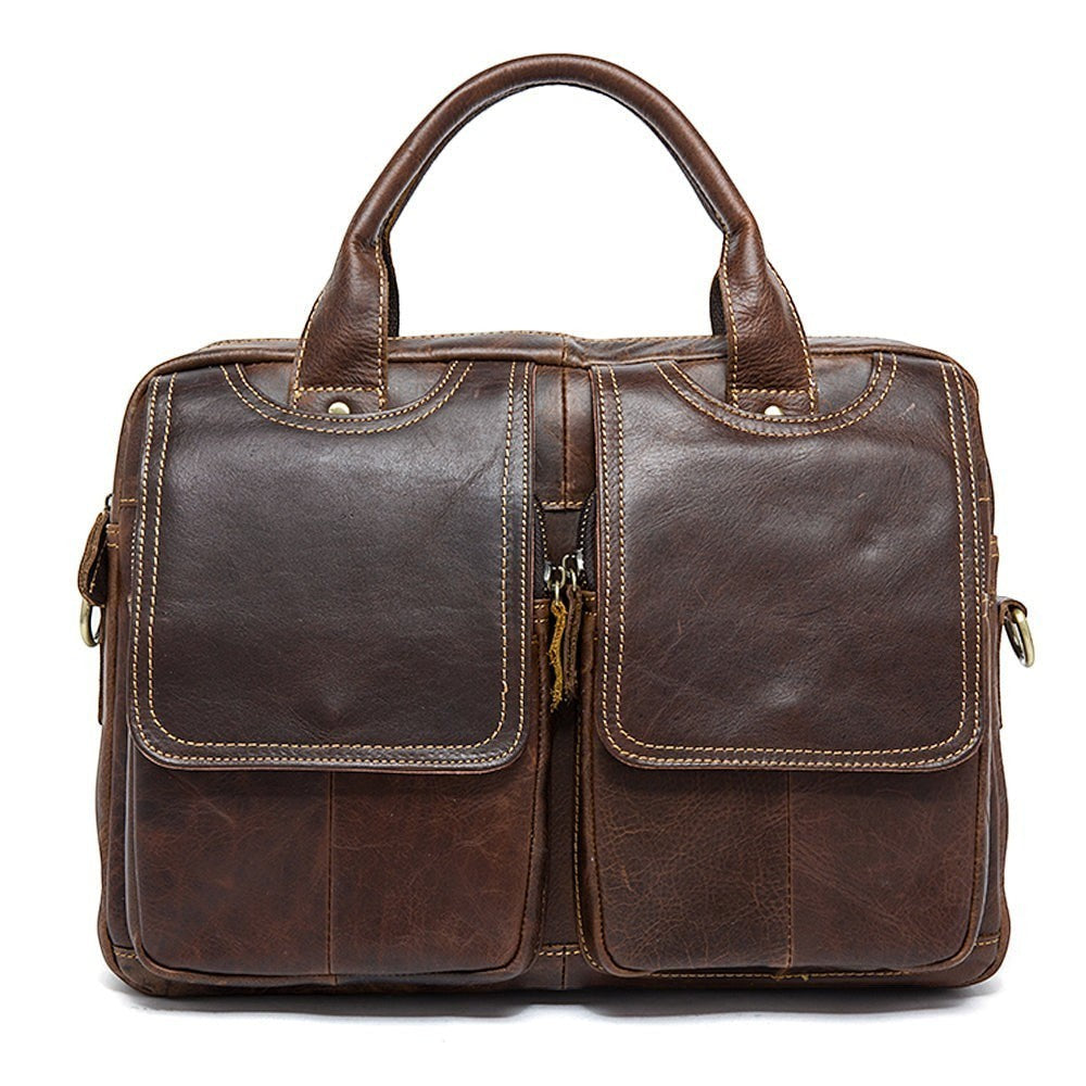 Barcon Getta Inc brown Ethiopian leather briefcase with multiple pockets and top handles, fits up to 16" laptop.