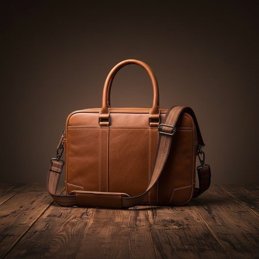 Barcon Getta Inc brown Ethiopian leather briefcase with multiple pockets and adjustable strap, fits up to 16" laptop.