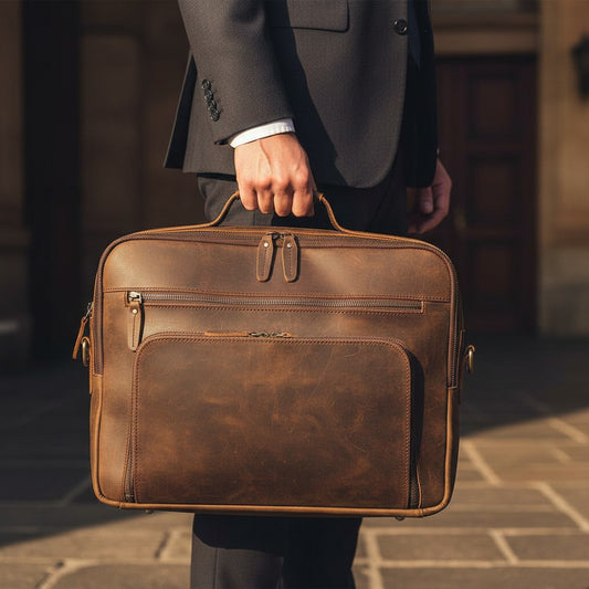 Barcon Getta Inc brown leather briefcase with multiple zipper pockets and detachable shoulder strap. Fits up to 15" laptop.