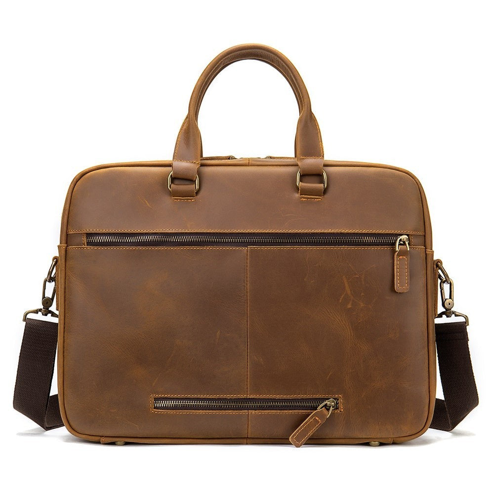 Barcon Getta Inc CrownLine brown leather briefcase with multiple zipper pockets and top handles. Fits up to 17" laptop.