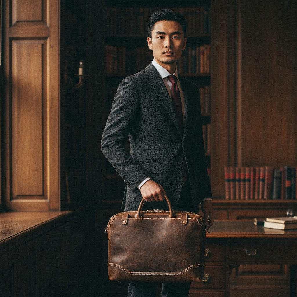 Barcon Getta Inc dark brown distressed leather briefcase with top handles and silver hardware. Fits up to 17" laptop.