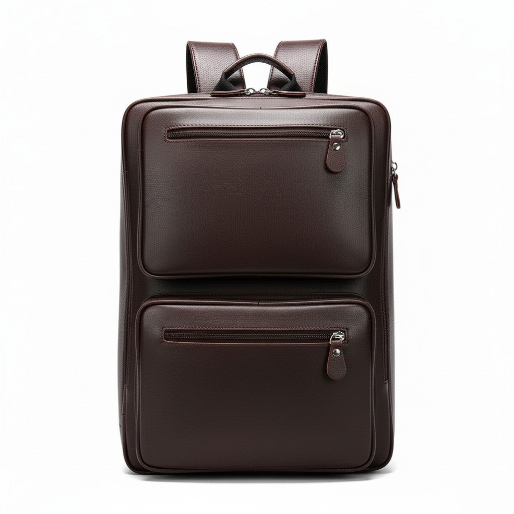 Barcon Getta Inc deep brown textured leather briefcase with dual compartments and front zippered pockets.