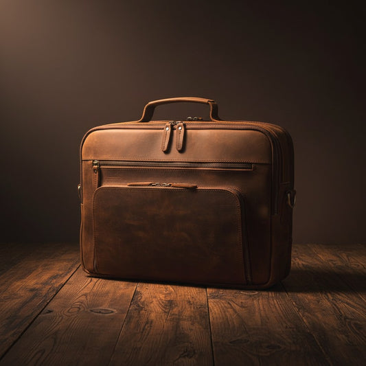 Barcon Getta Inc brown leather briefcase with multiple zippered pockets and a laptop compartment.