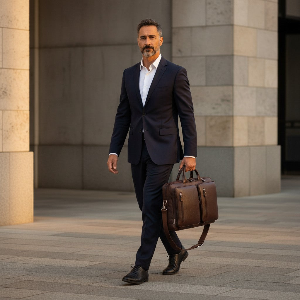 Barcon Getta Inc The Attache Brief dark brown textured leather briefcase with dual compartments and front zip pockets.
