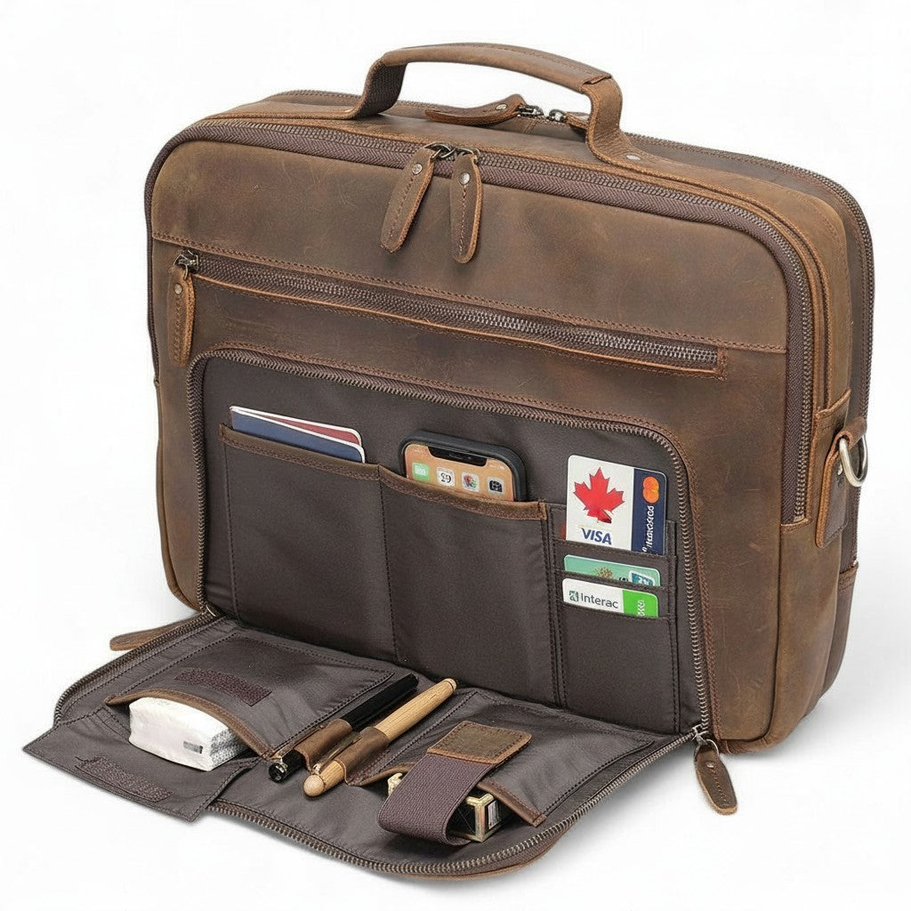 Barcon Getta Inc brown crazy horse leather briefcase with multiple pockets for laptop, phone, cards, and pens.