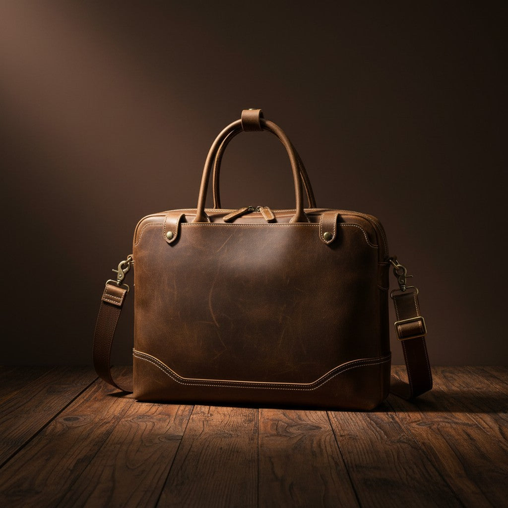 Barcon Getta Inc brown distressed leather briefcase with top handles and detachable shoulder strap, fits up to 17" laptop.