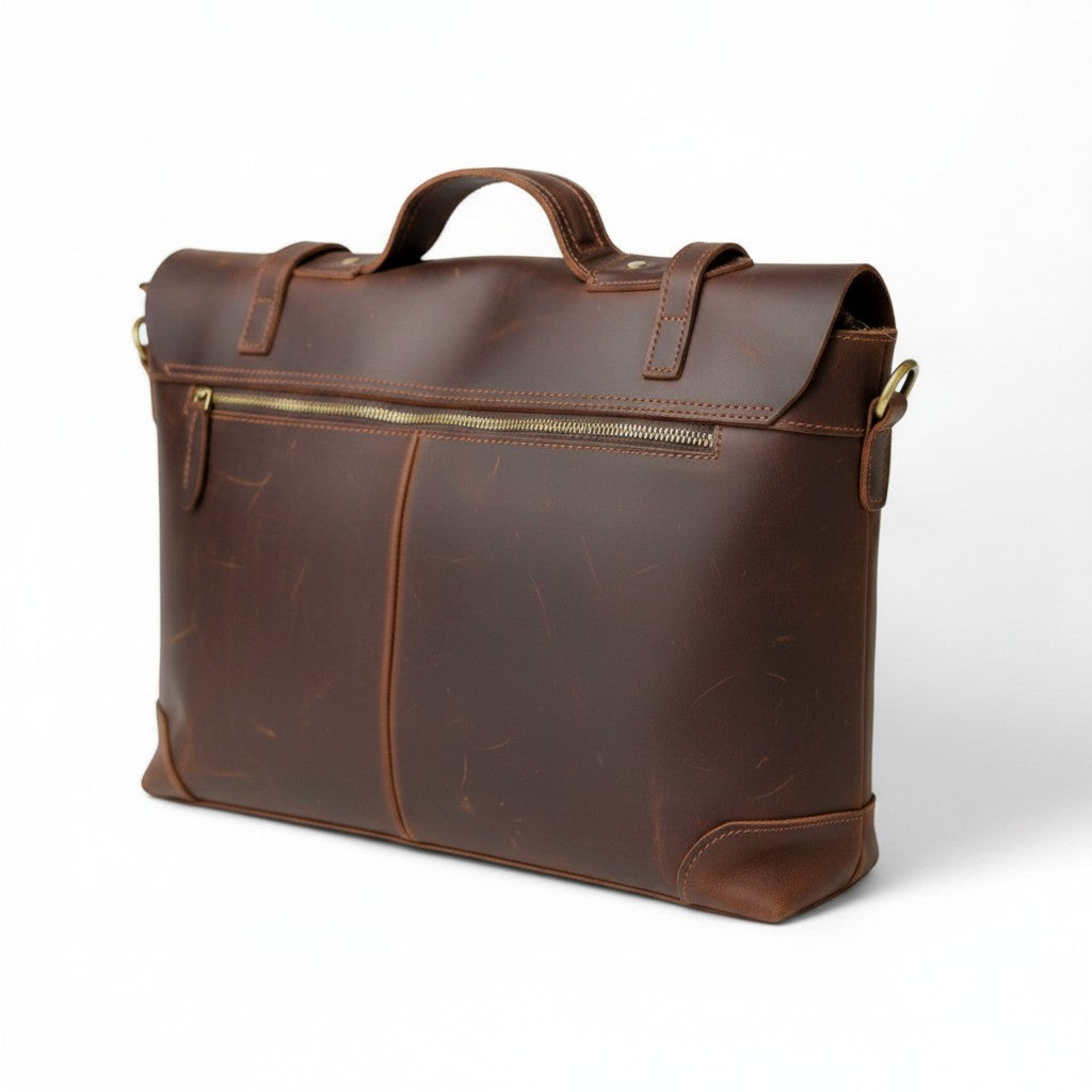 Barcon Getta Inc MANGECHA brown full grain leather briefcase with multiple compartments and laptop sleeve.