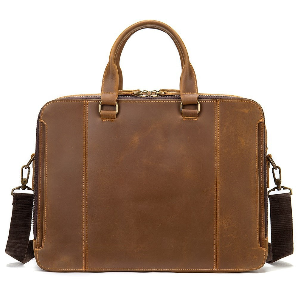 Barcon Getta Inc CrownLine brown leather briefcase with top handles and adjustable shoulder strap. Handmade, fits up to 17" laptop.
