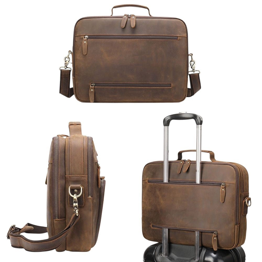 Barcon Getta Inc brown leather briefcase with multiple pockets and a trolley sleeve. Handmade from Ethiopian crazy horse leather.