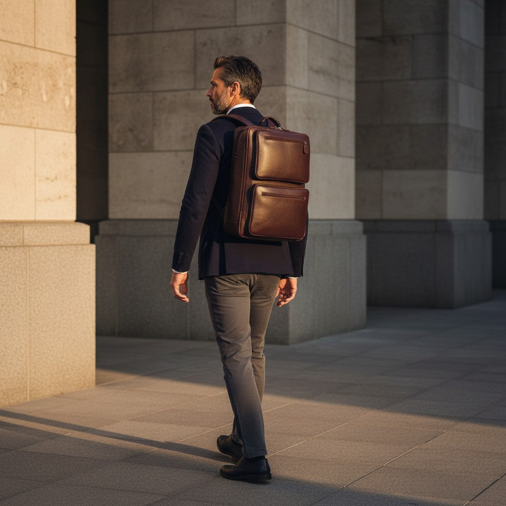 Barcon Getta Inc deep brown textured leather briefcase with dual compartments and front zippered pockets.