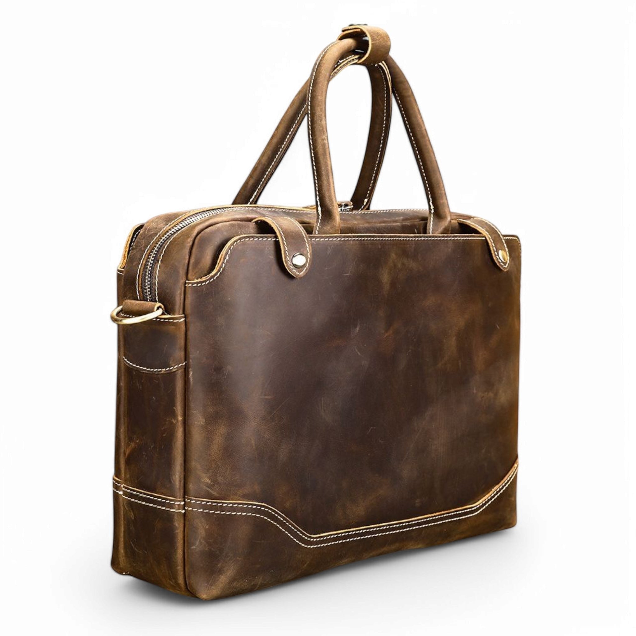 Barcon Getta Inc dark brown distressed leather briefcase with double handles and white stitching. Fits up to 17" laptop.