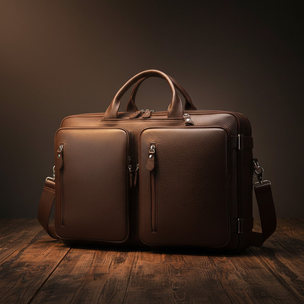 Barcon Getta Inc deep brown textured leather briefcase with dual compartments and front zippered pockets.