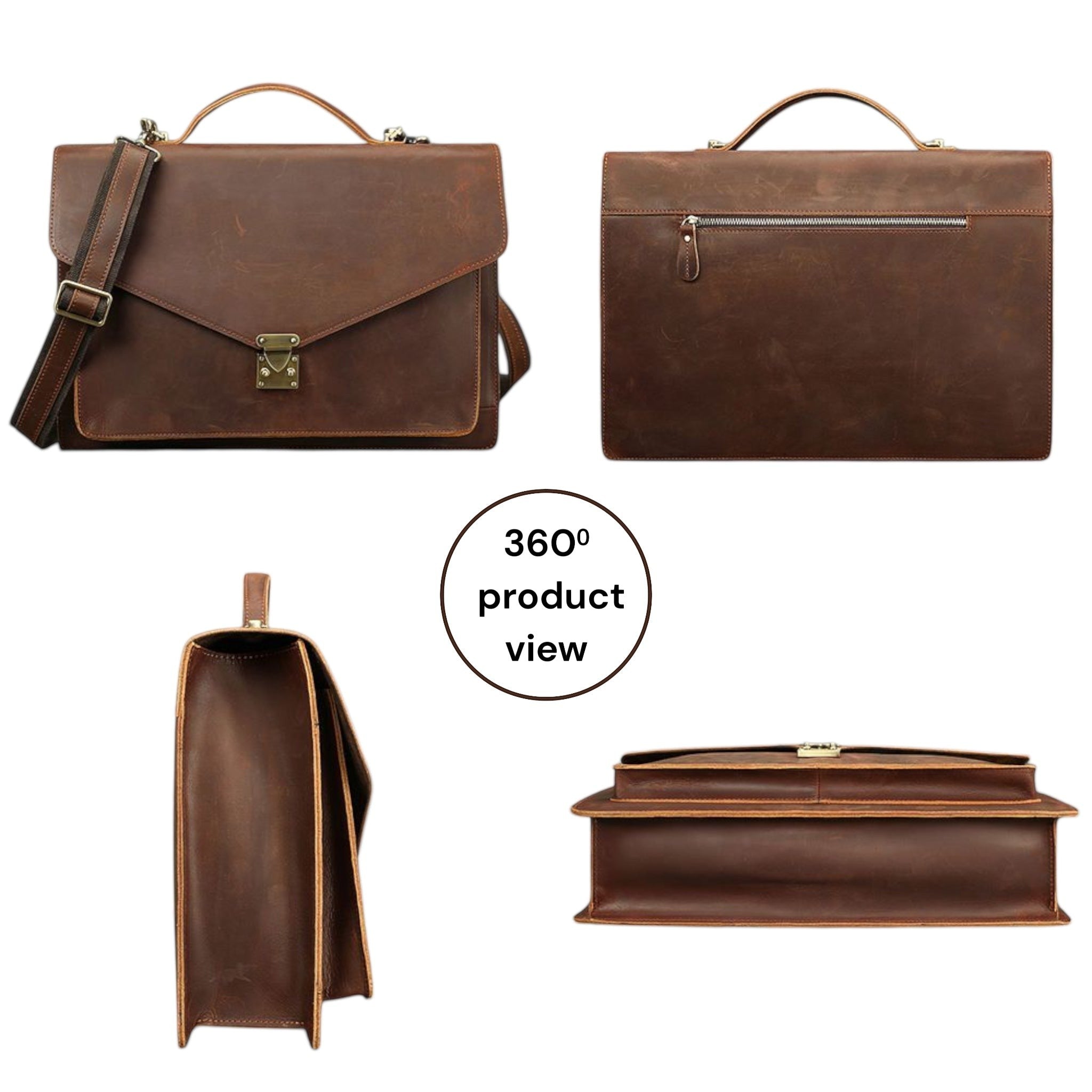 Barcon Getta Inc The Strategist brown leather briefcase with adjustable strap, main pocket, laptop compartment, and multiple interior/exterior pockets.