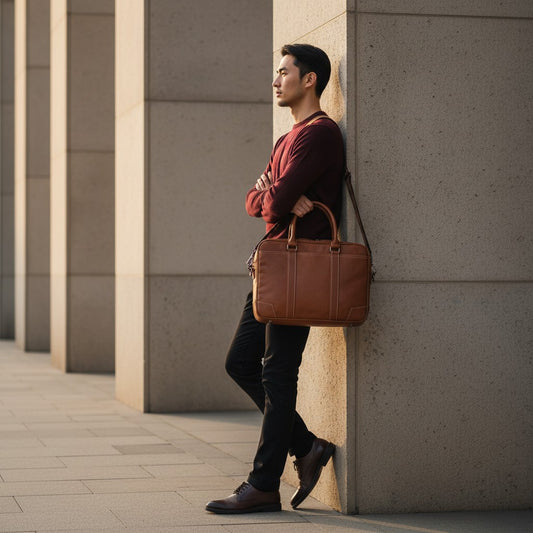 Barcon Getta Inc brown Ethiopian leather briefcase with white stitching, multiple pockets, and adjustable strap. Fits up to 16" laptop.