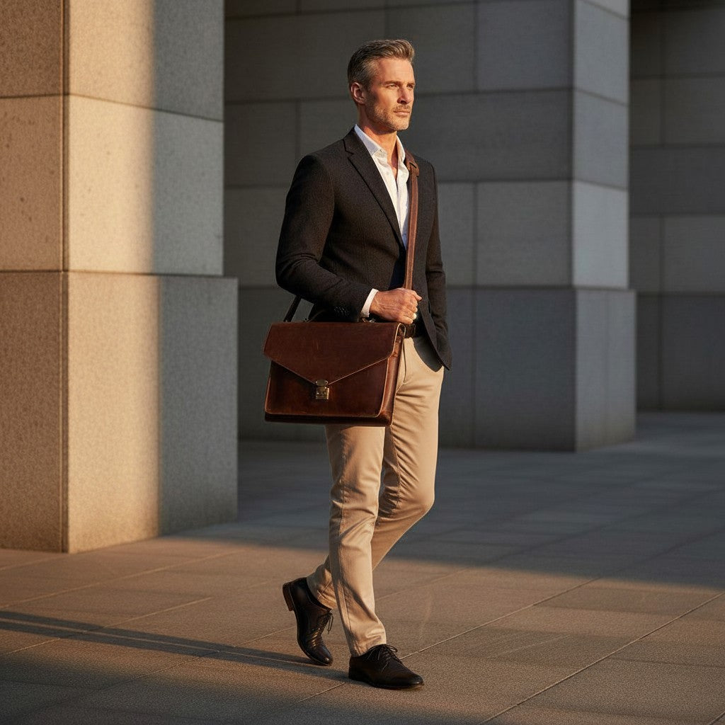 Barcon Getta Inc brown leather briefcase with multiple compartments, fits up to 16" laptop. Handmade, Ethiopian leather.