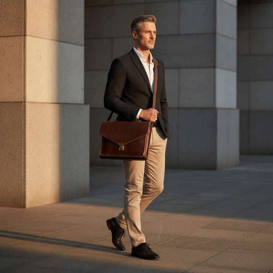 Barcon Getta Inc brown leather briefcase with multiple compartments, fits up to 16" laptop. Handmade, Ethiopian leather.
