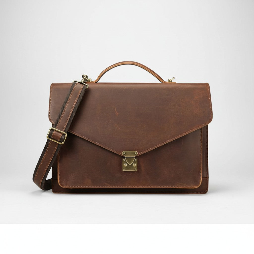 Barcon Getta Inc brown leather briefcase with top handle, adjustable strap, and brass clasp. Fits up to 16" laptop.