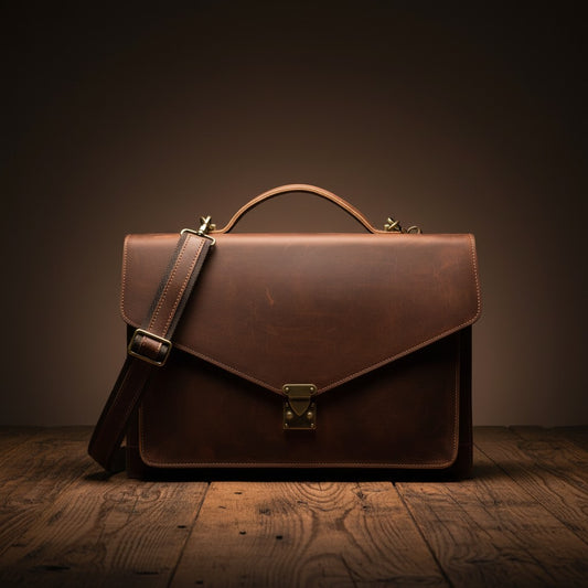 Barcon Getta Inc brown leather briefcase with adjustable strap and brass clasp. Fits up to 16" laptop.