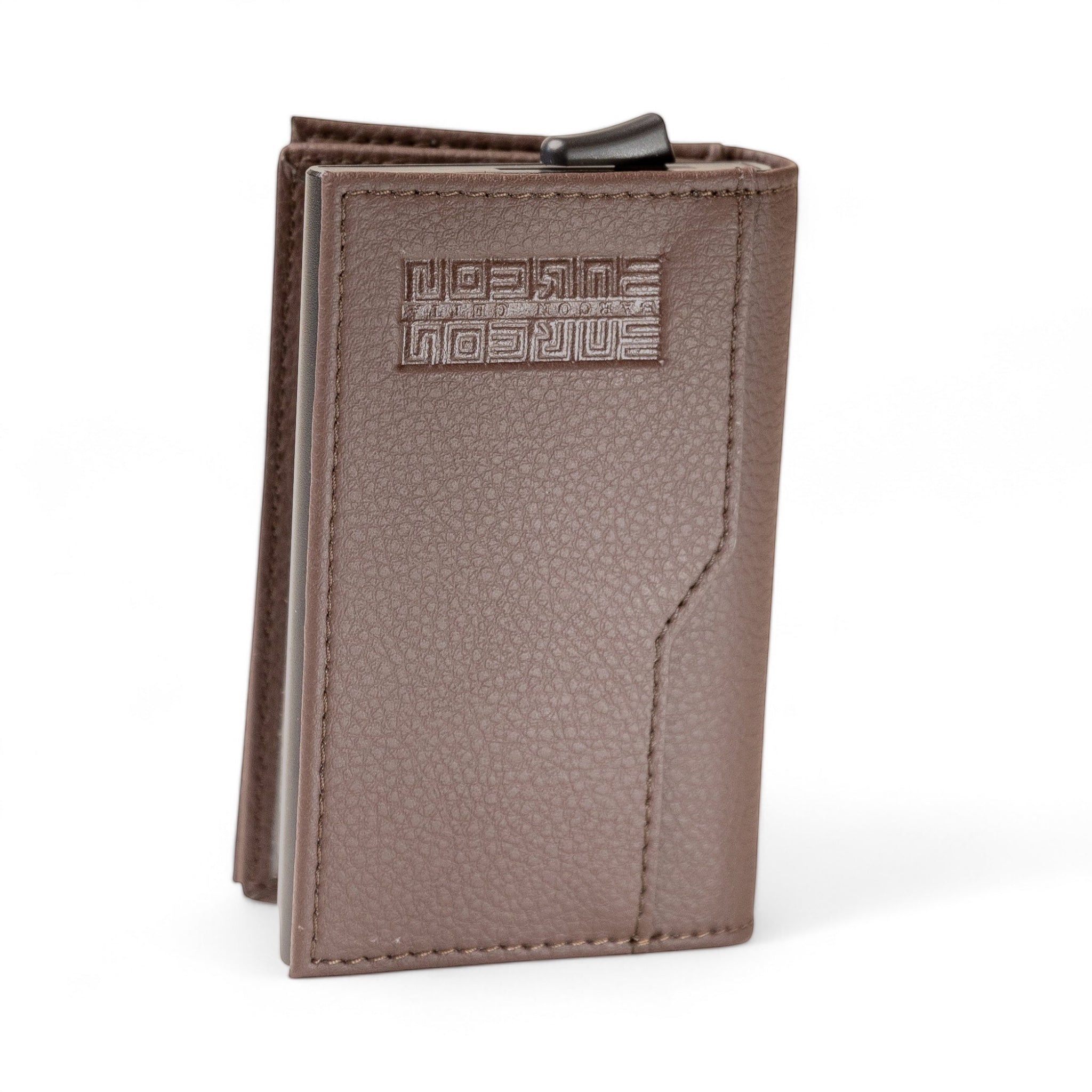 Barcon Getta Inc brown full grain leather minimalist card holder wallet with 5 card capacity and 3 slots.