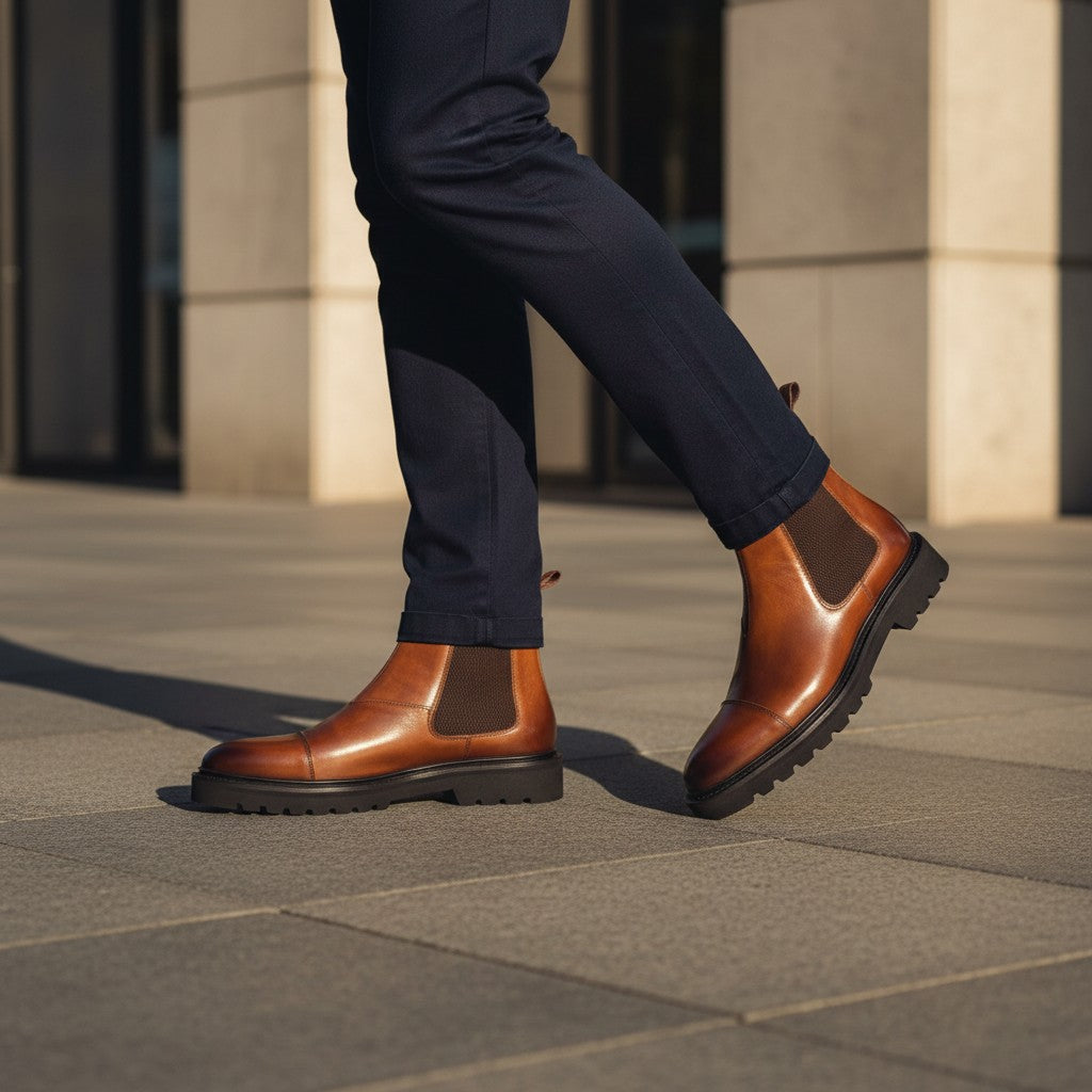 Barcon Getta Inc brown leather Chelsea boots with elastic side panels and lug sole.