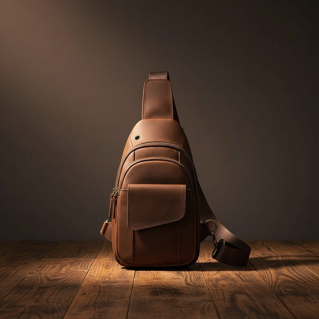 Barcon Getta Inc brown leather cross-body bag with adjustable strap and multiple compartments.