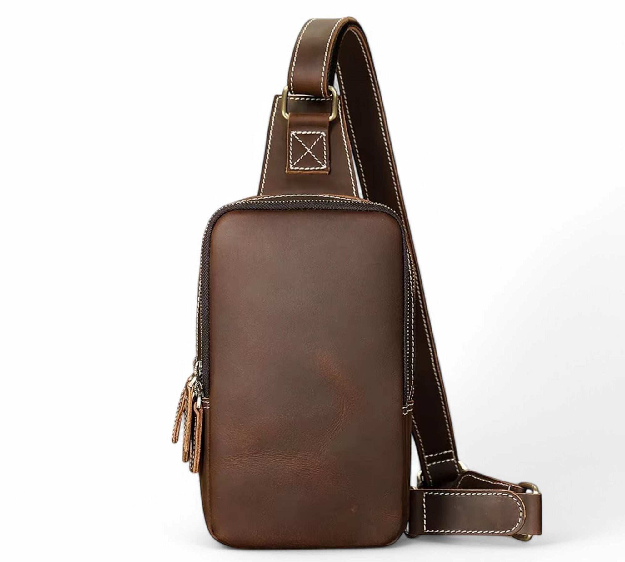 Barcon Getta Inc brown leather cross-body bag with adjustable strap and multiple zippered compartments.