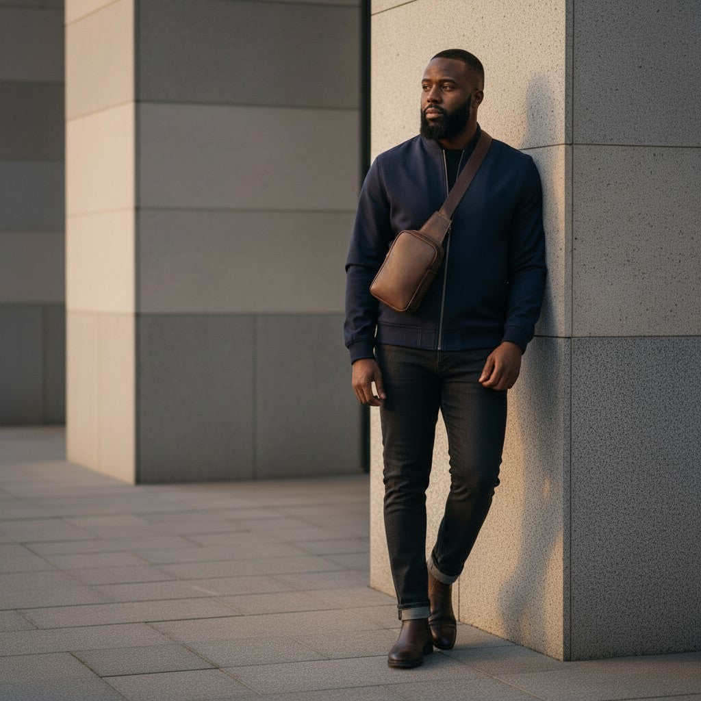 Barcon Getta Inc brown leather cross-body bag with adjustable strap worn by a man leaning against a building.