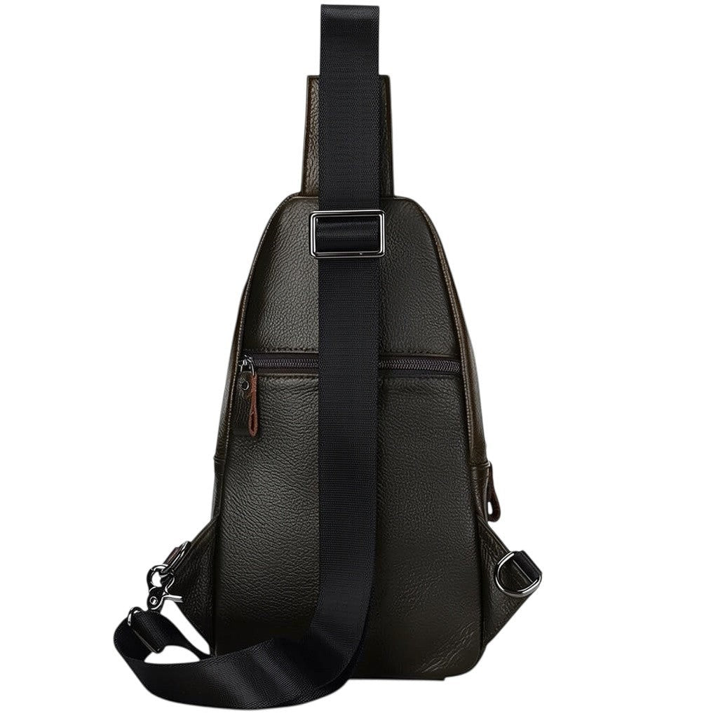 Barcon Getta Inc dark brown genuine leather cross-body bag with adjustable strap and multiple compartments.