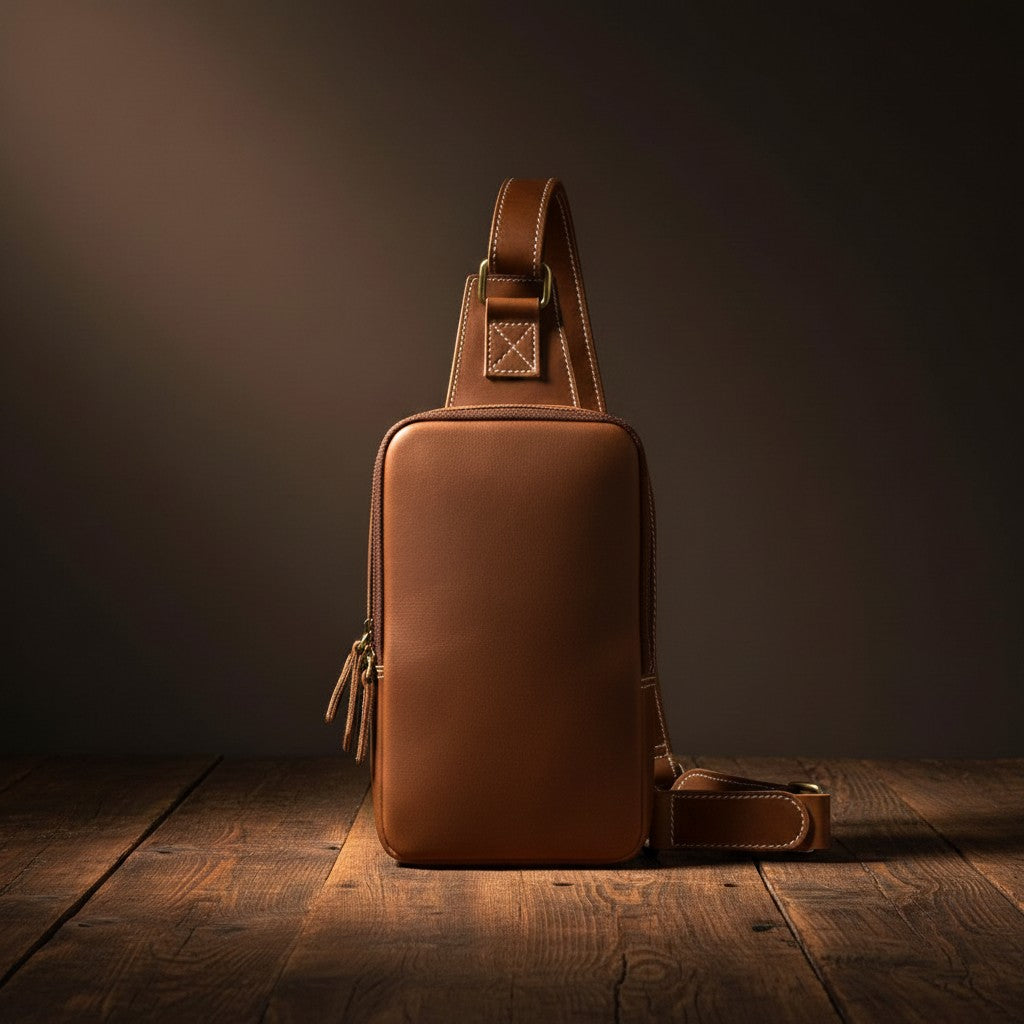 Barcon Getta Inc brown genuine leather cross-body bag with adjustable strap and multiple compartments.
