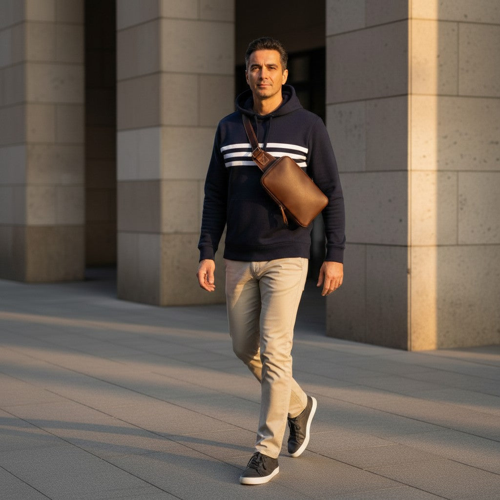 Barcon Getta Inc brown leather cross-body bag worn by a man in a grey hoodie and dark jeans, walking outdoors.