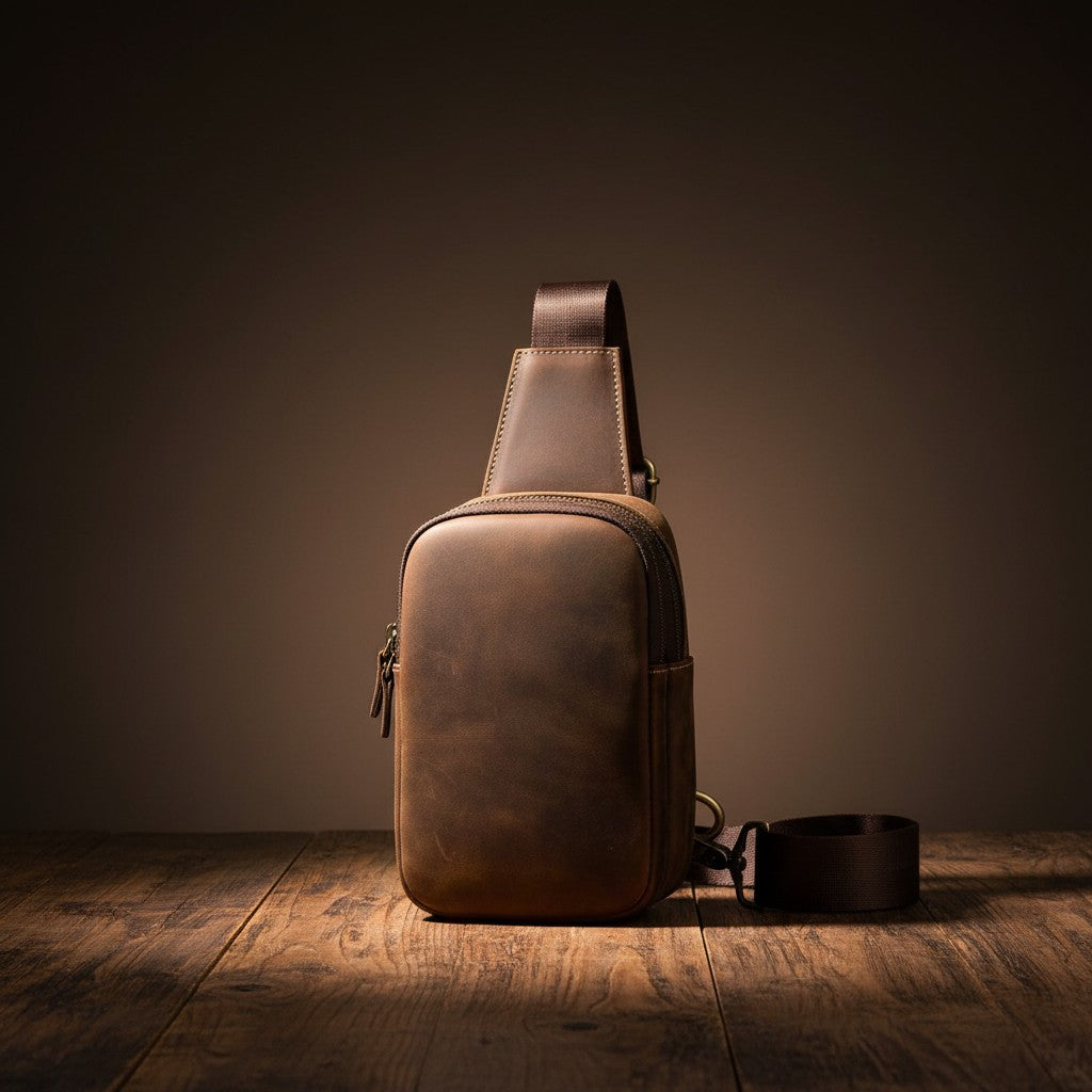 Barcon Getta Inc TRAVERSE brown genuine leather cross-body bag with adjustable strap and multiple compartments.