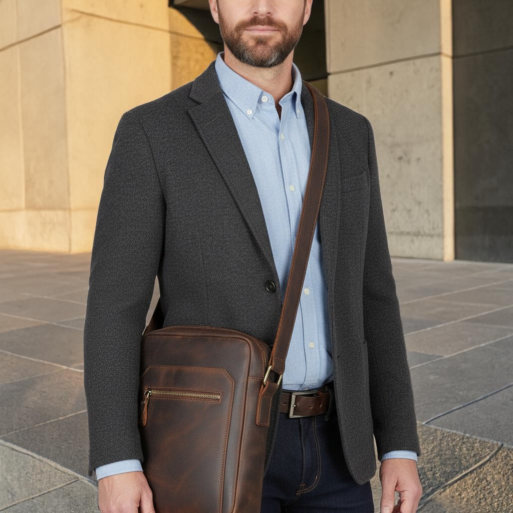Barcon Getta Inc men's brown full grain leather crossbody bag with multiple pockets and zipper closure.