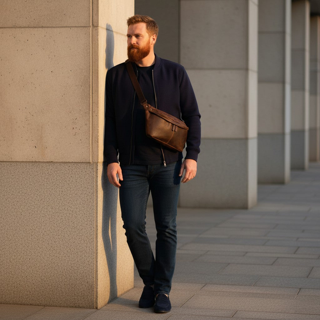 Barcon Getta Inc DRIFTWAY brown genuine leather cross-body bag with adjustable strap and multiple compartments.