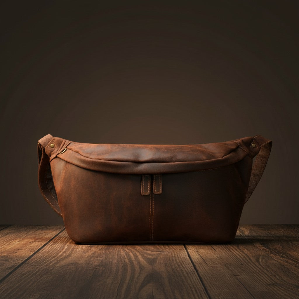 Barcon Getta Inc DRIFTWAY brown genuine leather cross-body bag with adjustable strap and multiple compartments.