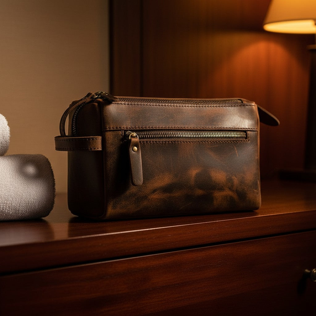 Barcon Getta Inc brown full grain leather dopp case with multiple zippered compartments and a side handle.