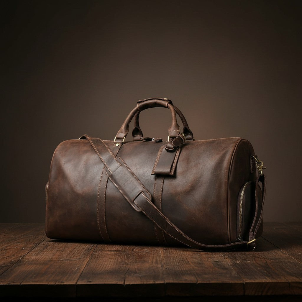 Barcon Getta Inc brown full-grain leather safari duffel bag with zippered exterior pocket and adjustable shoulder strap.