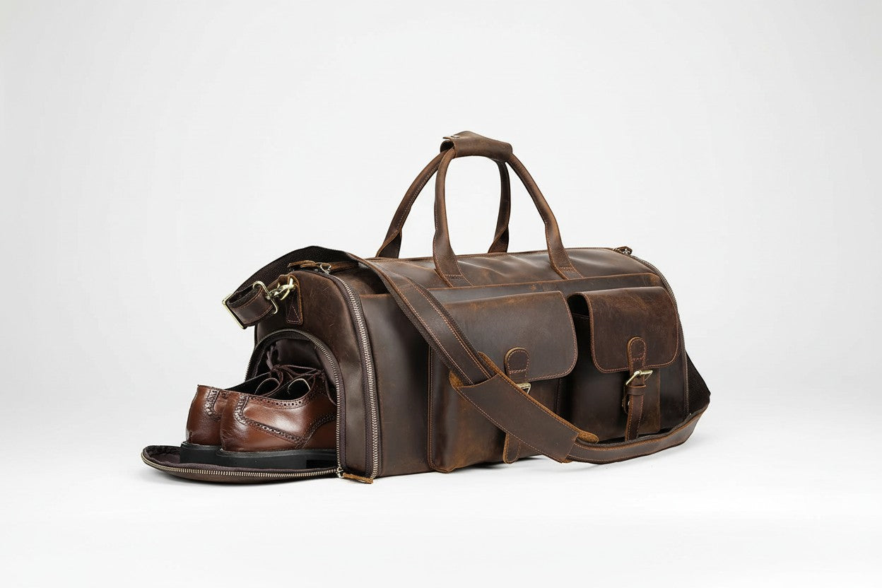 Barcon getta Business duffel bag  Front Profile Full Grain Leather with Brass Hardware - 
A brown leather duffel bag with a main compartment and a side shoe compartment, featuring a comfortable handle.