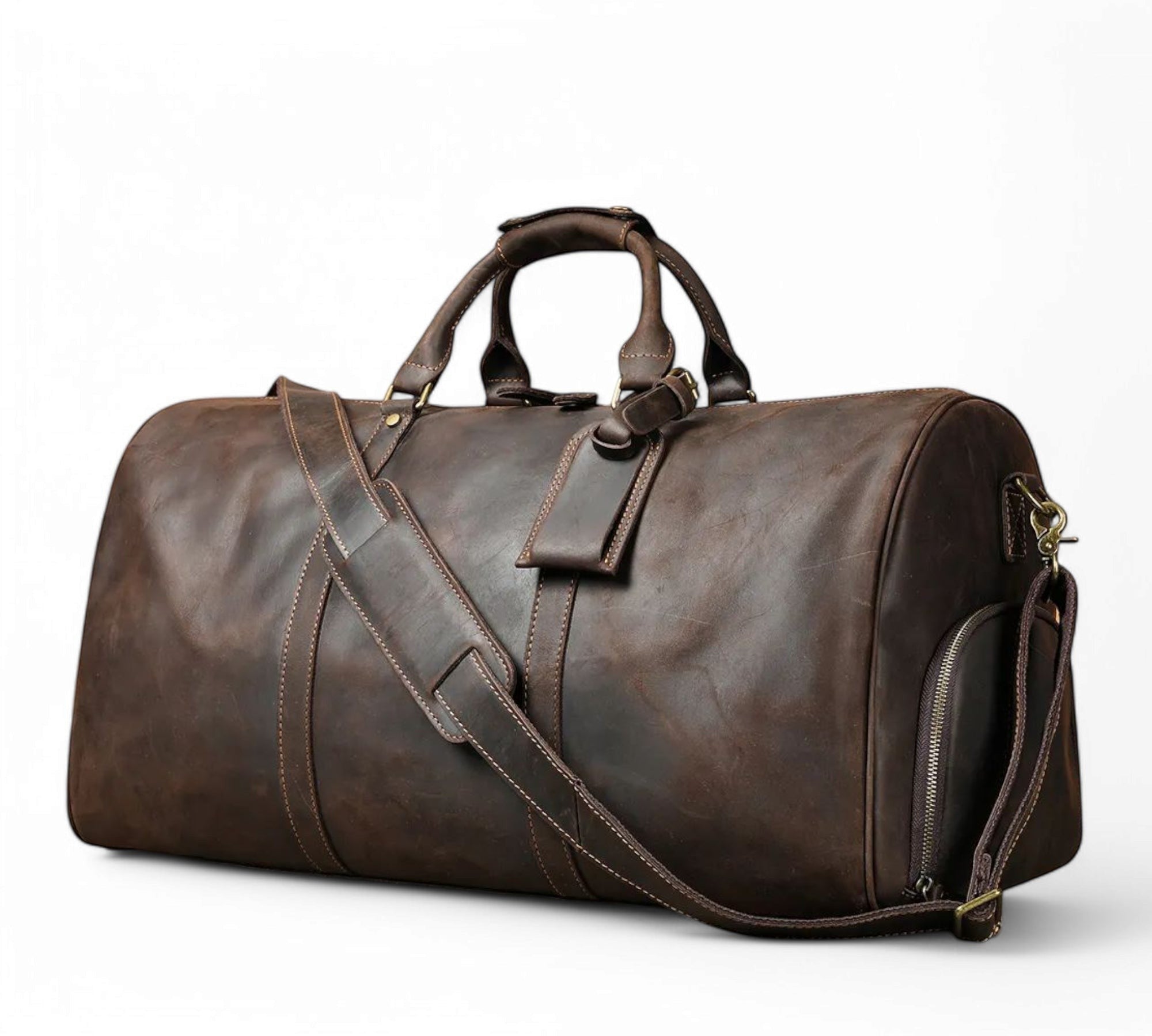 Barcon Getta Safari Duffel Travel Bag – Dark Coffee Brown – Front Profile Full Grain Leather with Brass Hardware - 
 on a light gray background