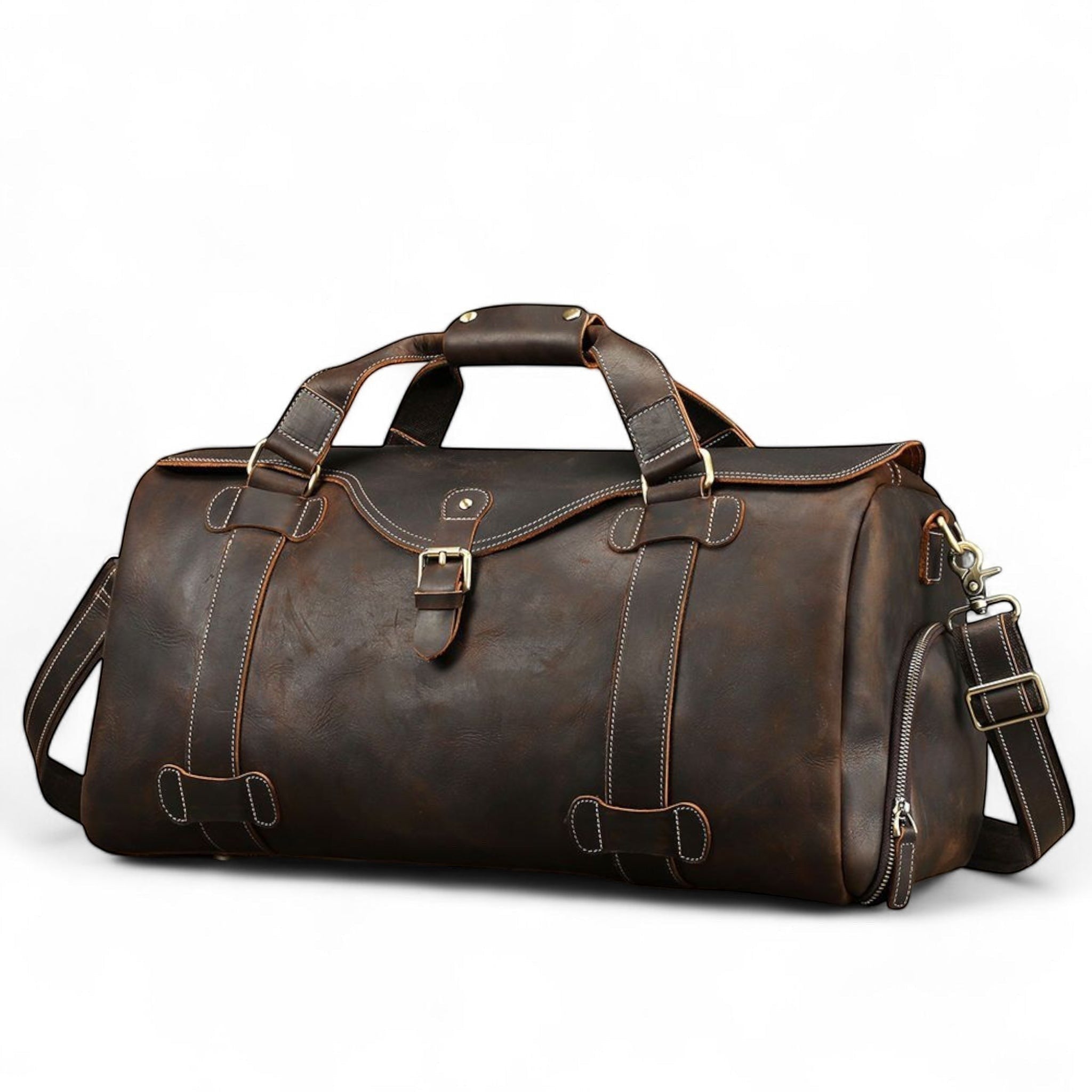 Barcon Getta Inc dark brown full grain leather duffel bag with shoe compartment and adjustable strap.